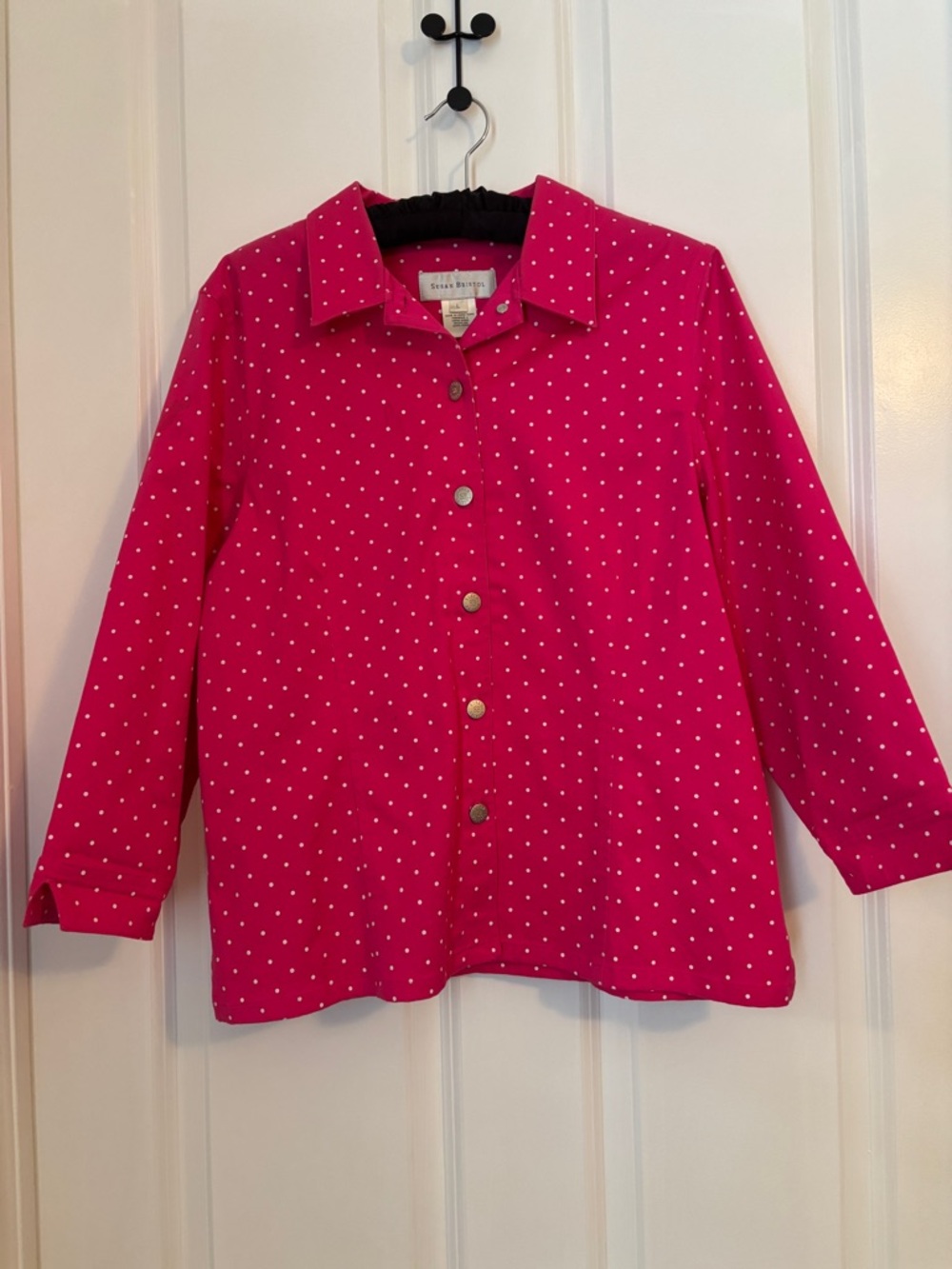 Susan Bristol Hot Pink Polka Dot Button-Up Blouse/Jacket. Sz L. Cotton/ Spandex